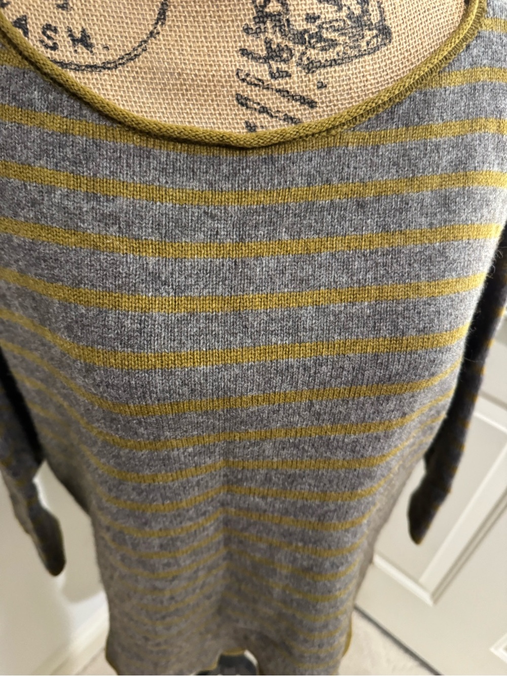 Eileen Fisher Gray and Mustard Striped Scoop-Neck yak & wool Sweater size L - Picture 2 of 12